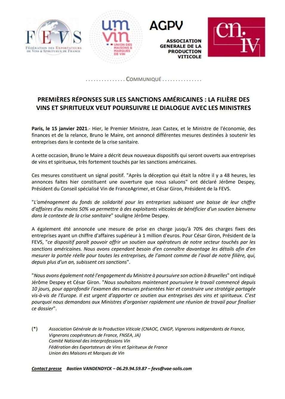 Communiqué de presse de ce vendredi 15 janvier