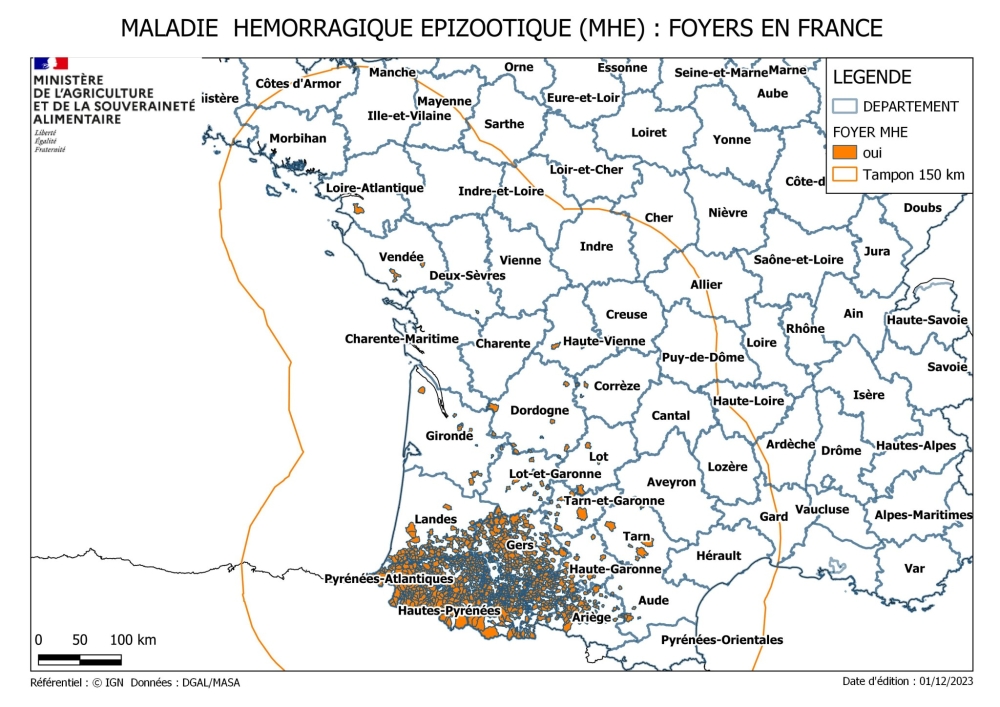 MHE : carte des foyers en France au 1er décembre 2023.